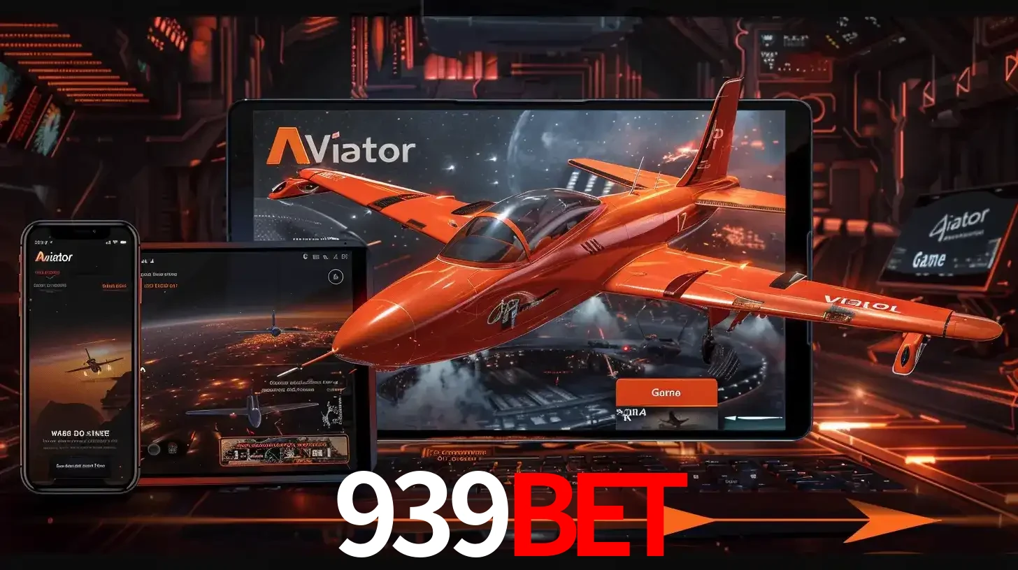 Apresentação tecnológica do jogo Aviator com um avião saindo da tela de um tablet, demonstrando a experiência imersiva em múltiplos dispositivos no 939BET.
