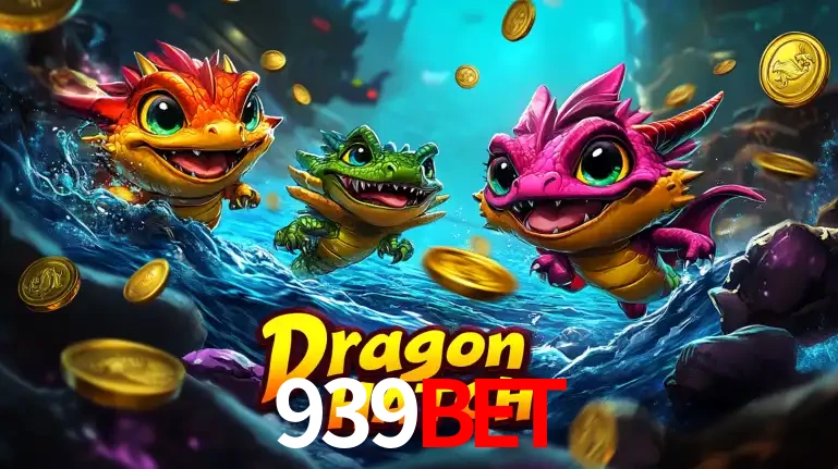 Arte promocional do jogo Dragon Hatch com três adoráveis dragões bebês nadando entre moedas de ouro, um dos slots mais divertidos para jogar no cassino 939BET.