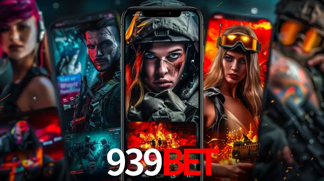 Montagem de telas de celular mostrando diversos personagens, masculinos e femininos, de um jogo de tiro, ilustrando a diversidade de equipes de e-sports para apostar no 939BET.