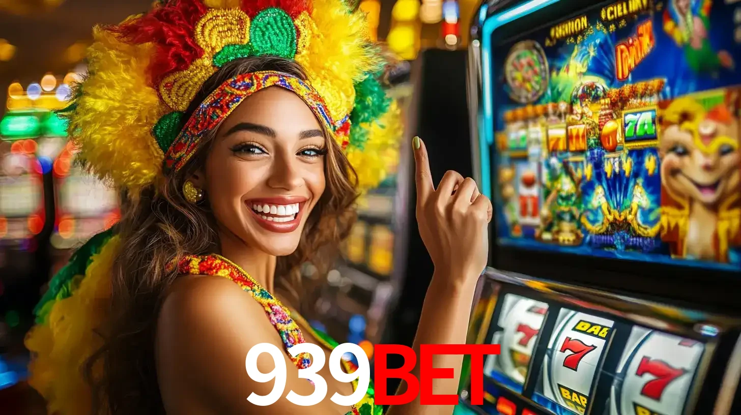 Mulher animada com um cocar de carnaval apontando para uma máquina de caça-níqueis, mostrando a emoção de ganhar um grande prêmio nos jogos do 939BET.