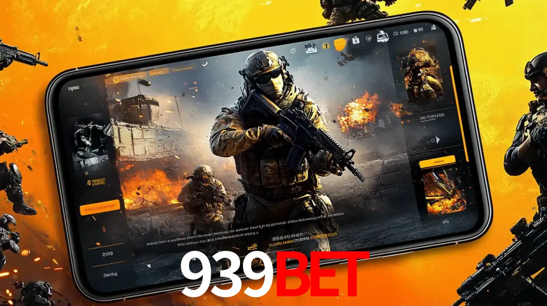 Um smartphone exibindo a interface de um jogo de tiro em primeira pessoa, com um soldado em um cenário de batalha, representando a ação dos e-sports para apostar no 939BET.