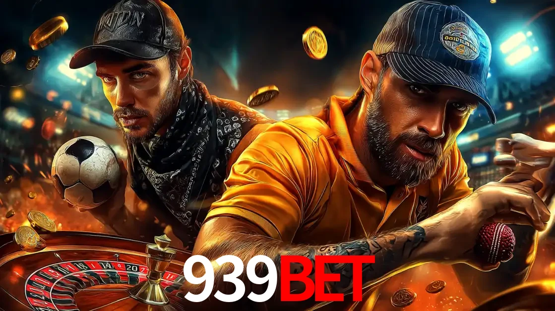 Montagem de apostas esportivas e cassino no 939BET, com um homem segurando uma bola de futebol e outro uma de beisebol sobre uma roleta e moedas voadoras.