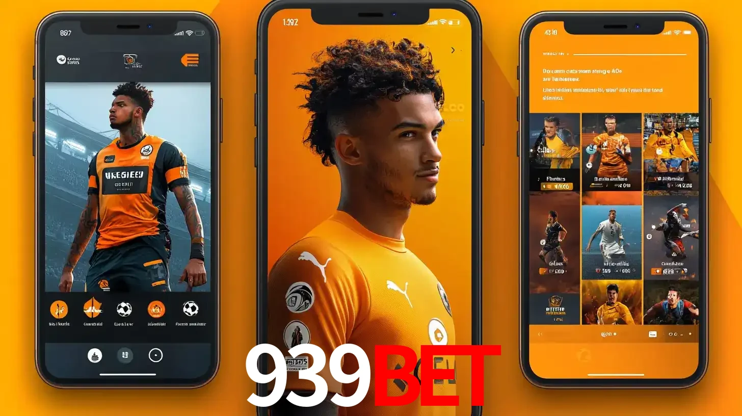Interface do aplicativo de apostas esportivas 939BET em três telas de celular, mostrando o perfil de um jogador de futebol e a lista de jogos disponíveis para apostar.