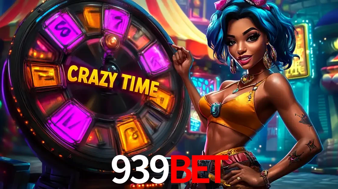 Mulher estilizada com cabelo azul e visual vibrante posando ao lado da roda de prêmios do game show Crazy Time, convidando para a diversão e os bônus do cassino 939BET.