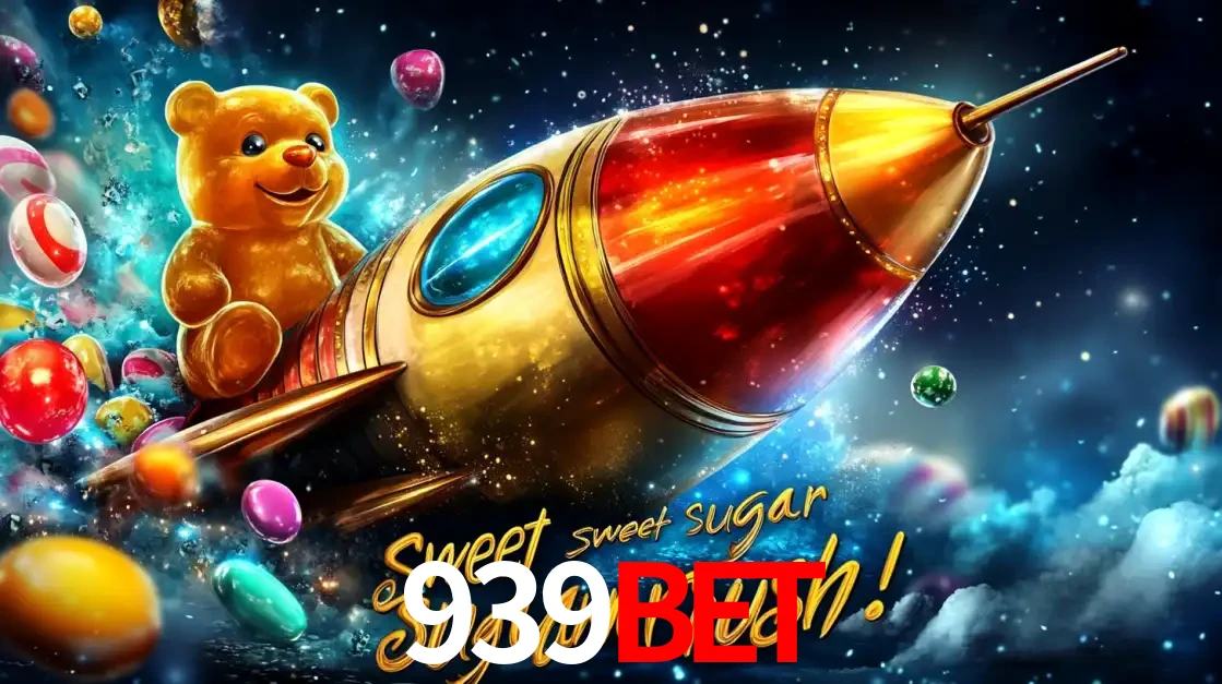 Arte promocional do jogo de slot Sugar Rush, com um urso de pelúcia em um foguete viajando pelo espaço de doces, um dos jogos divertidos disponíveis no cassino 939BET.