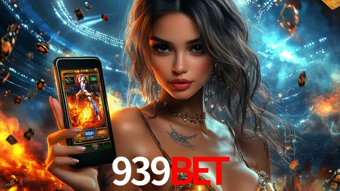 Mulher segurando um celular com um jogo de slot em destaque, tendo como fundo um estádio vibrante, simbolizando a emoção de jogar no cassino móvel 939BET.