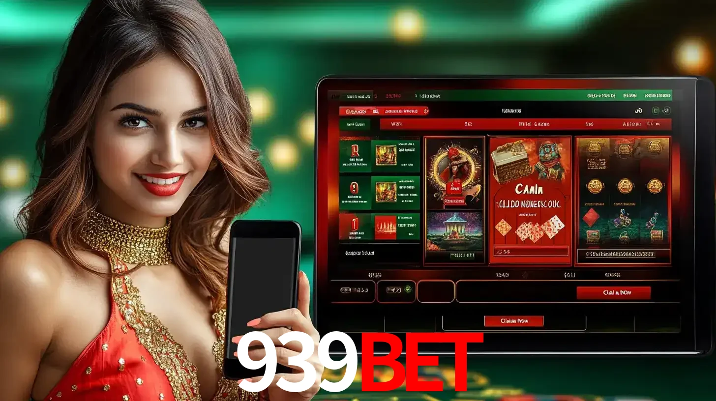 Mulher sorridente segurando um smartphone, ao lado de uma tela exibindo o lobby de jogos do cassino online 939BET, com várias opções de jogos de cartas e slots.